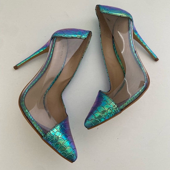 Aldo Mermaid Metallic Embossed Clear Pump Heels Size 5 - Picture 9 of 9